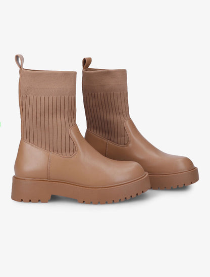 Bottines en simili et tissu côtelé élastiqué - Camel - 5