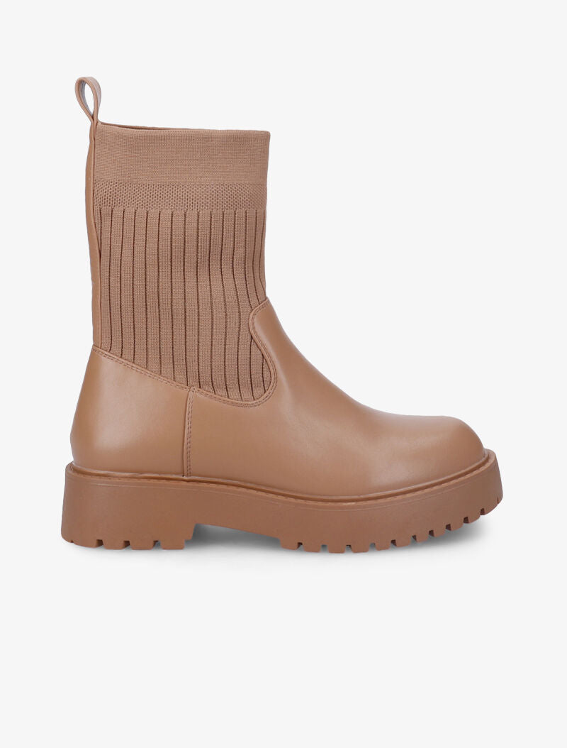 Bottines en simili et tissu côtelé élastiqué - Camel - 2