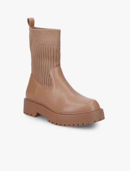 Bottines en simili et tissu côtelé élastiqué - Camel - 3