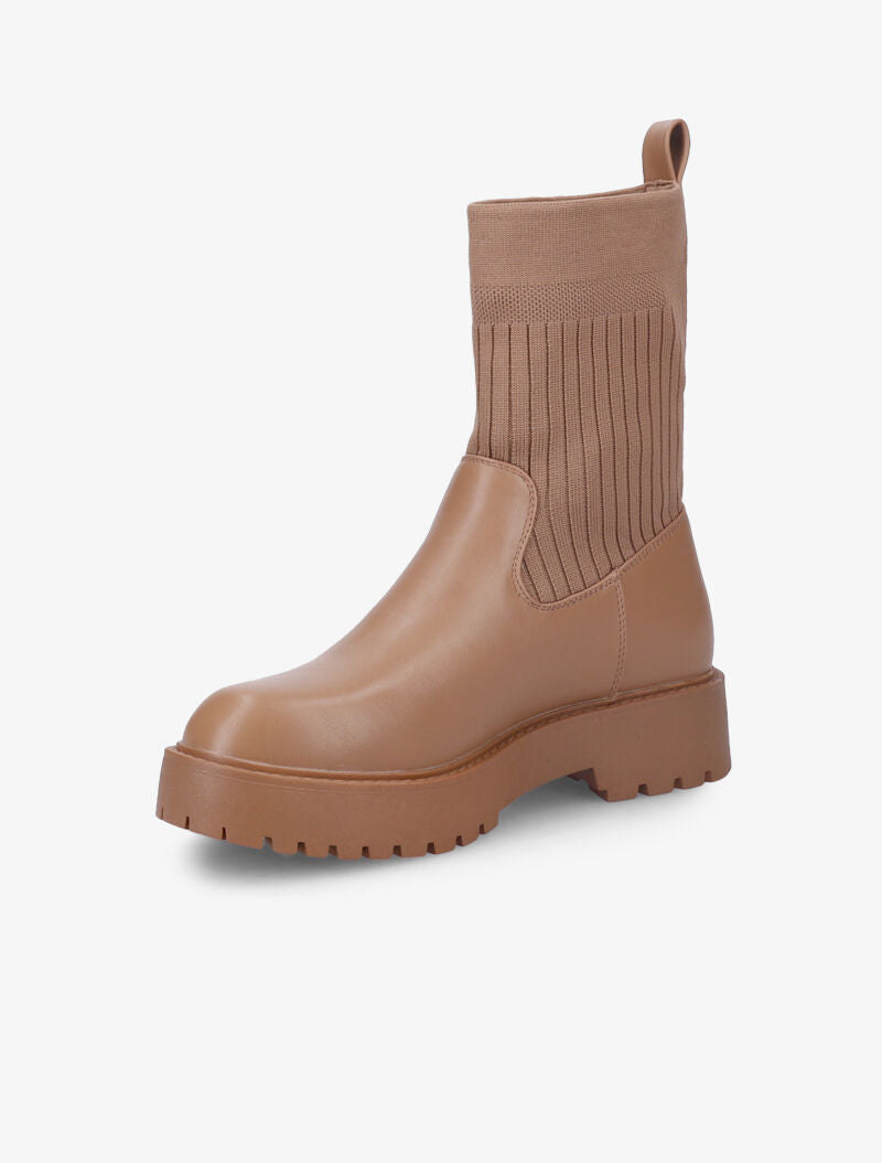 Bottines en simili et tissu côtelé élastiqué - Camel - 4