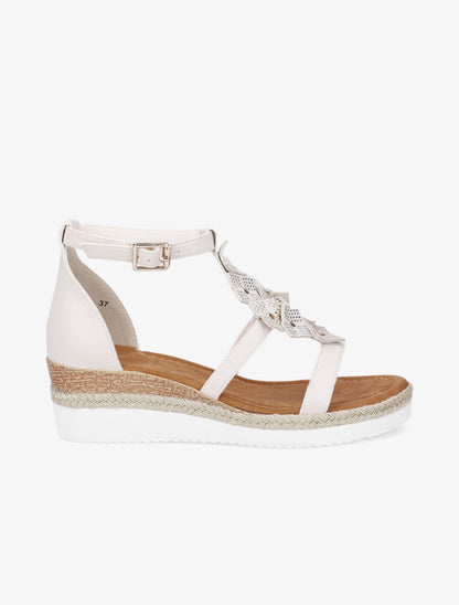 Sandales compensées mi-hautes à strass - Beige - 5