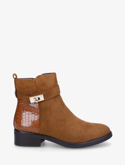 Bottines plates en suédine et croco - Camel - 1