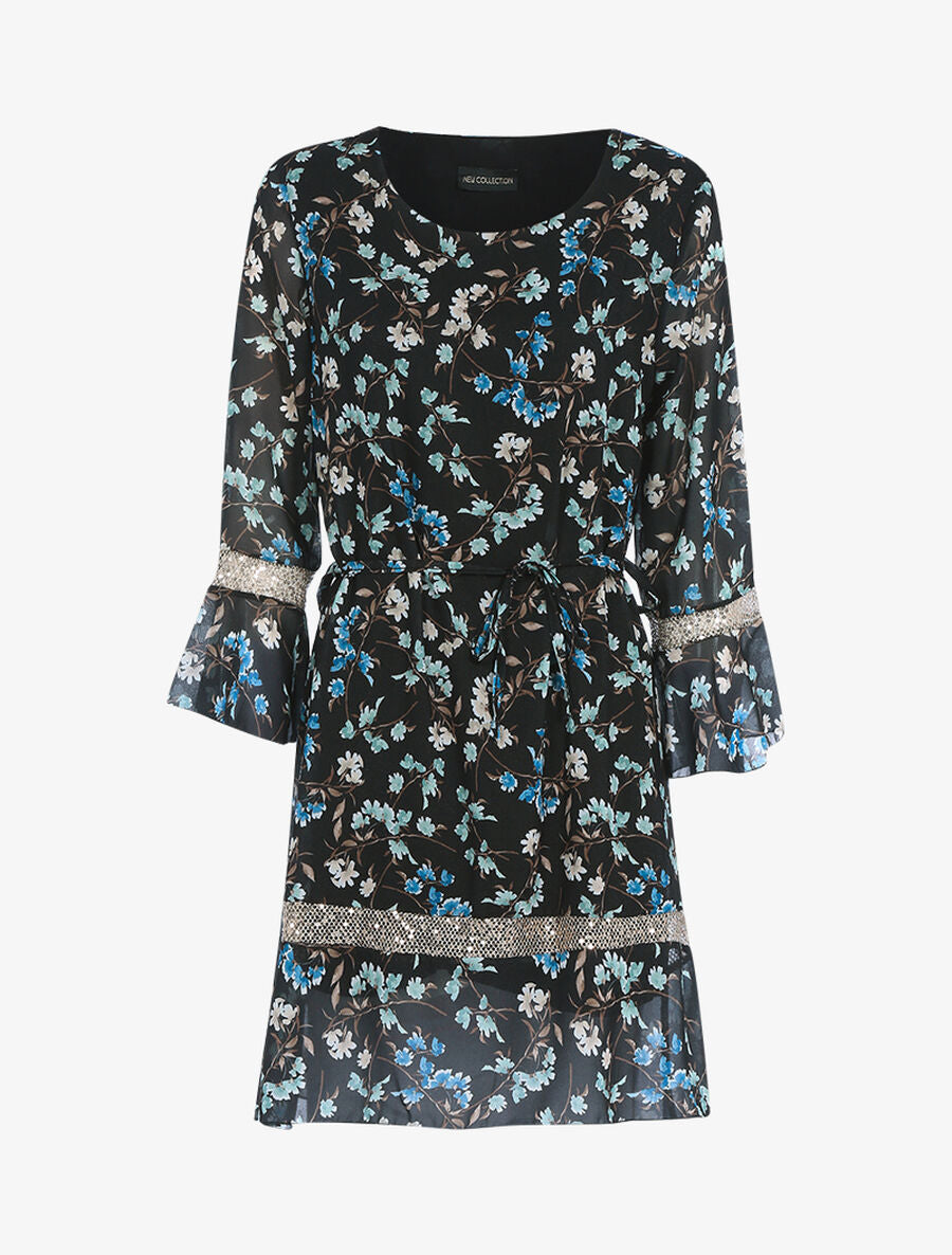 Robe à imprimé champêtre et sequins - Noir - 1
