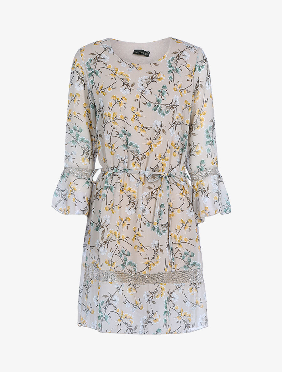 Robe à imprimé champêtre et sequins - Beige - 1