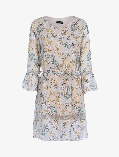 Robe à imprimé champêtre et sequins - Beige - 1