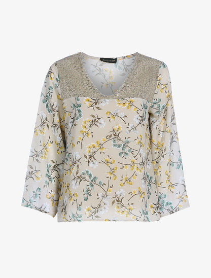 Top à imprimé champêtre et sequins - Beige - 1