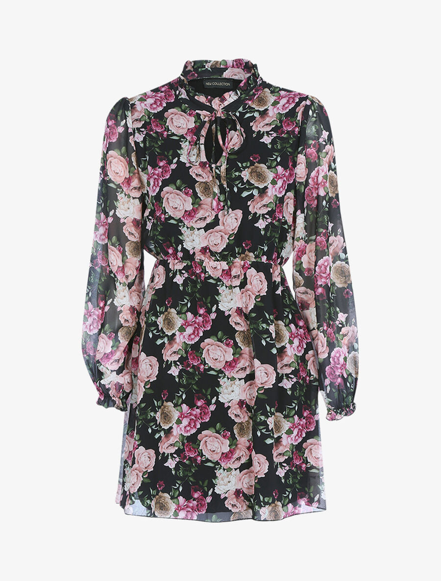 Robe imprimé à col montant volanté - Noir - 1