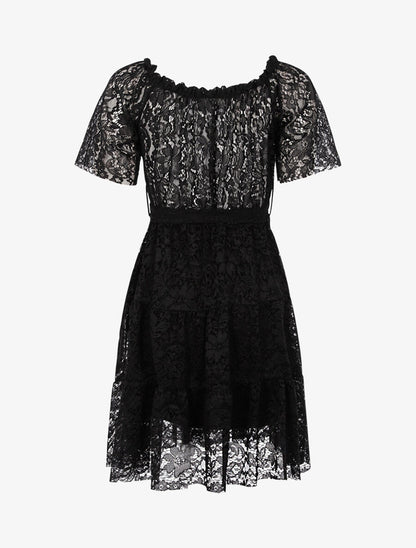 Robe en dentelle fleurie doublée - Noir - 2