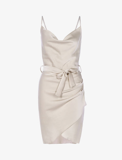 Robe satinée coupe portefeuille - Beige - 1