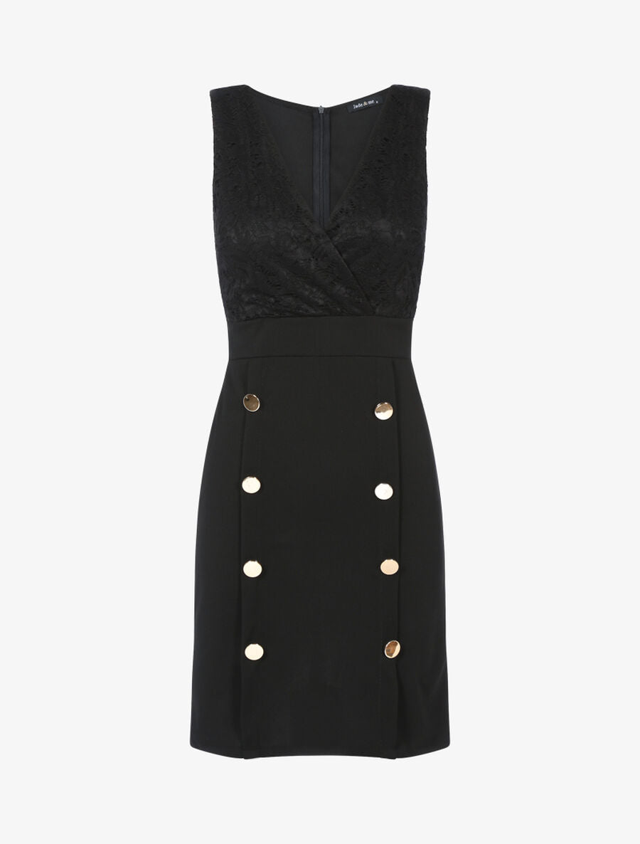 Robe fourreau buste dentelle et bas boutonné - Noir - 1
