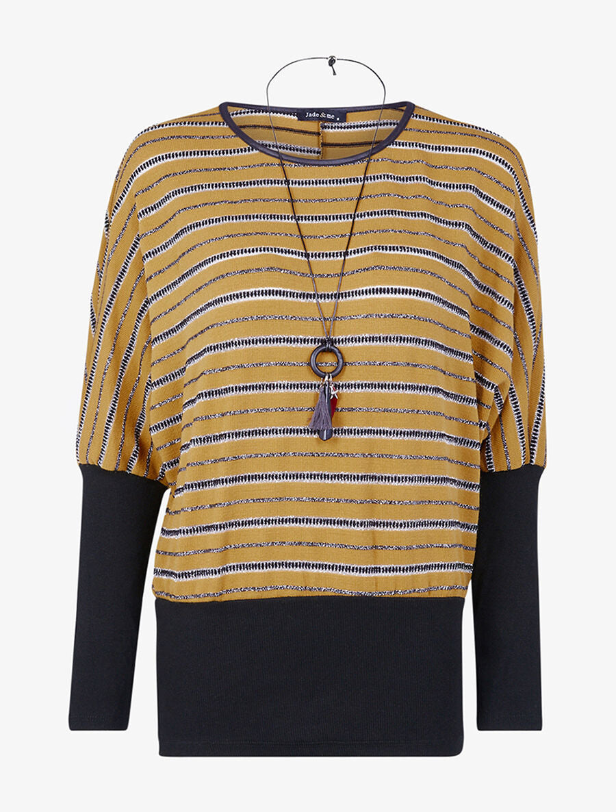 Pull dolman à rayures brillantes - Marron clair/noir - 1