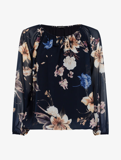 Blouse fleurie à encolure élastiquée - Marine - 1
