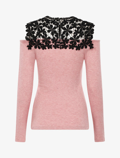 Pull à plastron dentelle et épaules dénudées - Rose - 2