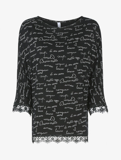 Top oversize à bords dentelle et imprimé graphique - Noir/blanc - 1