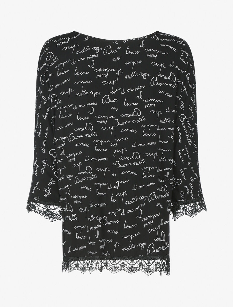 Top oversize à bords dentelle et imprimé graphique - Noir/blanc - 2