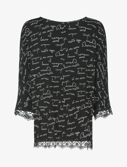 Top oversize à bords dentelle et imprimé graphique - Noir/blanc - 2