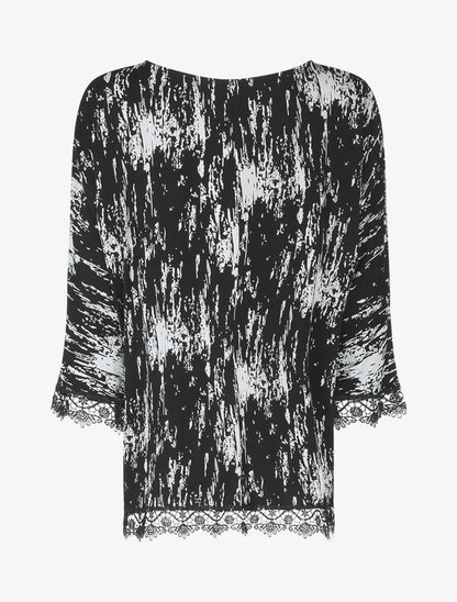 Top oversize à bords dentelle et imprimé graphique - Blanc/noir - 2