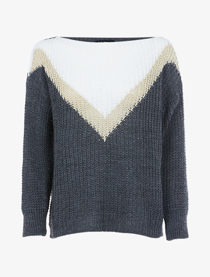 Pull en grosse maille à V doré - Anthracite - 1