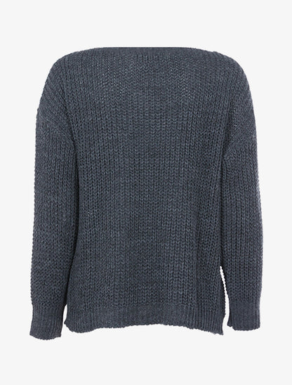Pull en grosse maille à V doré - Anthracite - 2
