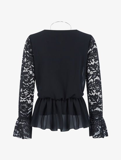 Blouse cintrée à manches dentelle - Noir - 2