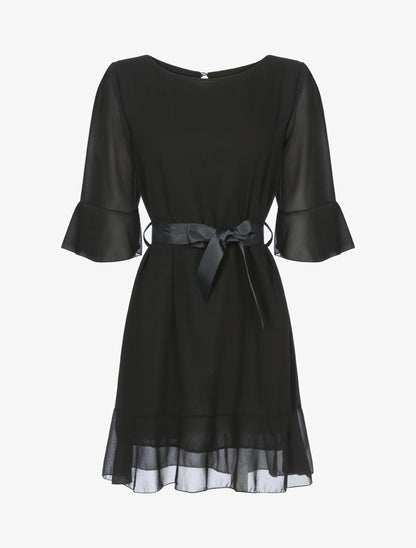 Robe volantée à ceinture contrastante - Noir - 1