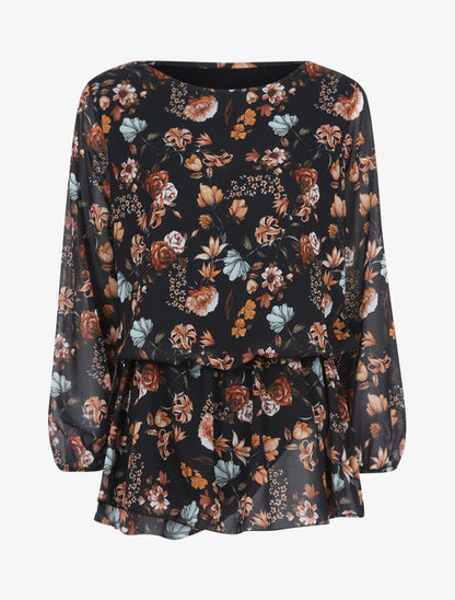 Top style tunique fleurie - Noir - 1