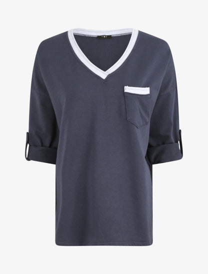 Sweat oversize col V irisé - Marine - 1