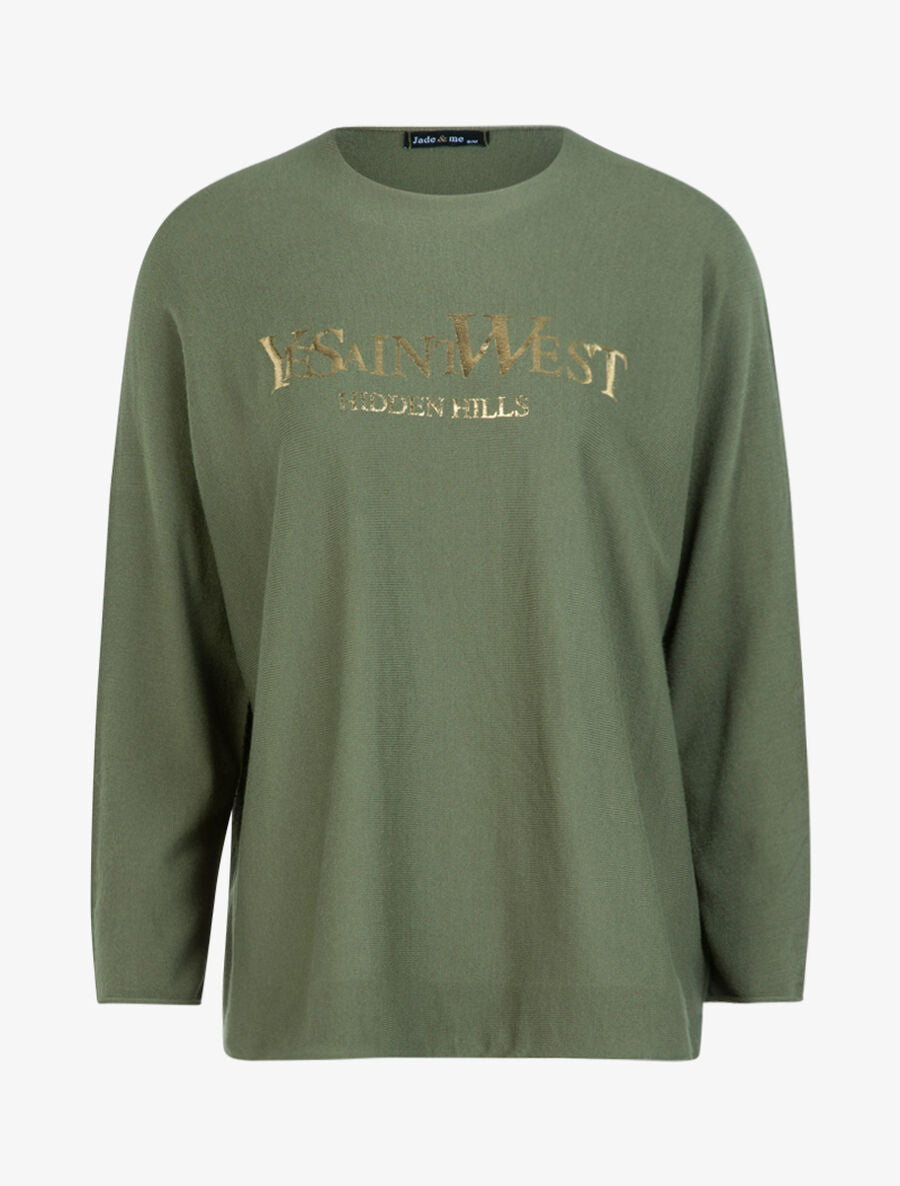 Pull en maille douce floquée - Vert olive - 1