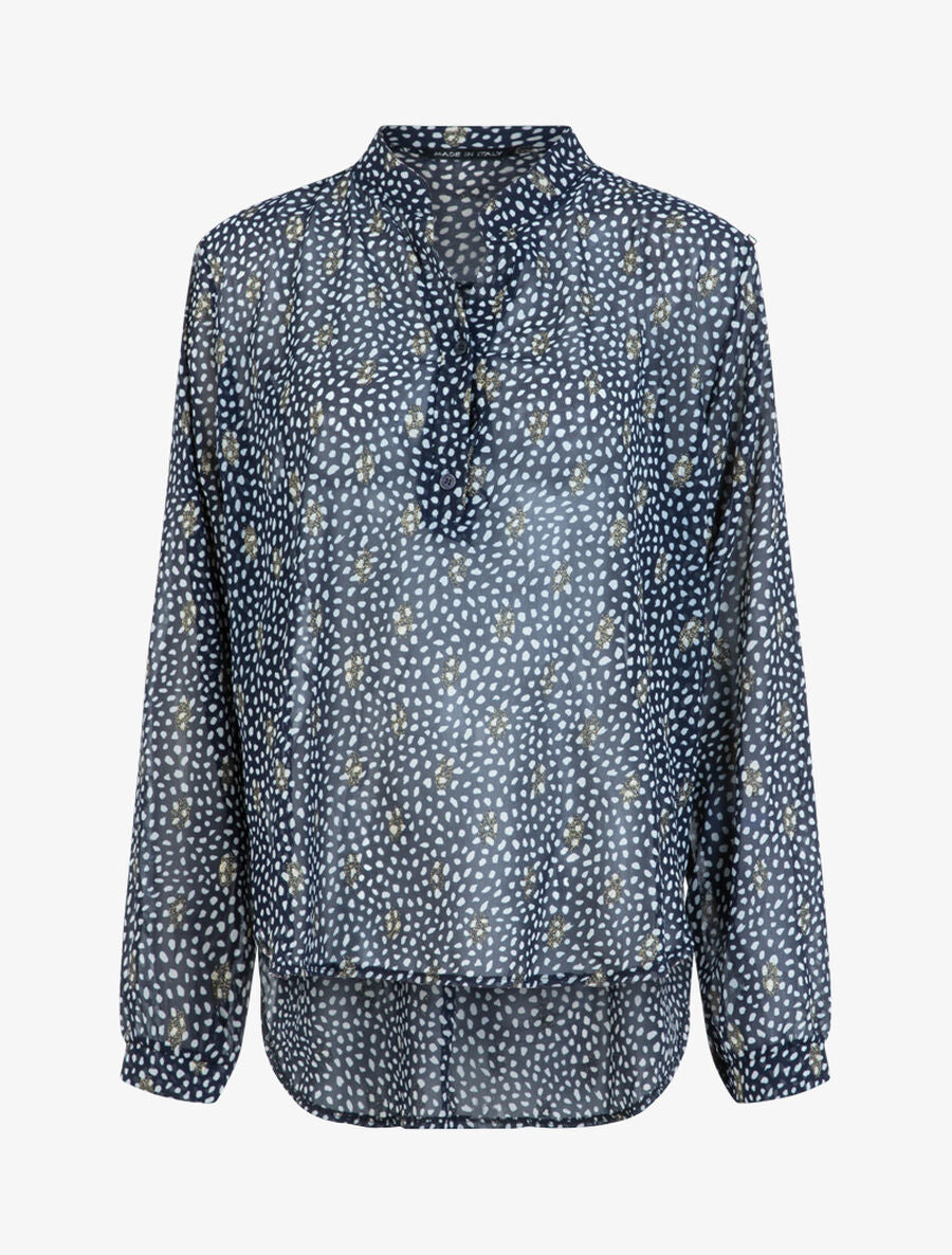 Blouse en voile à imprimé tacheté et feuilles - Marine - 1