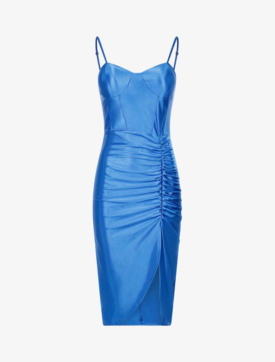 Robe satinée échancrée à plis - Bleu électrique - 1