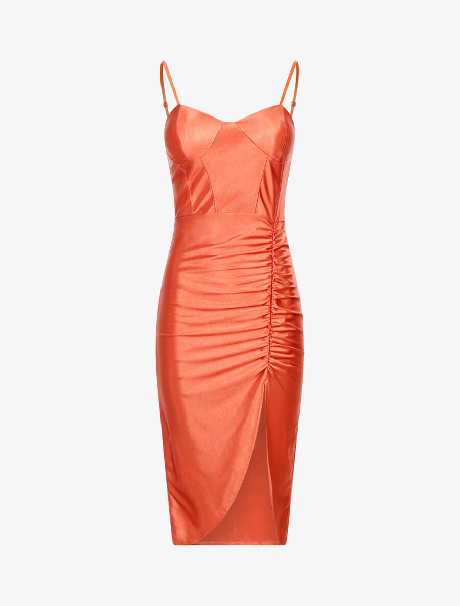 Robe satinée échancrée à plis - Orange - 1
