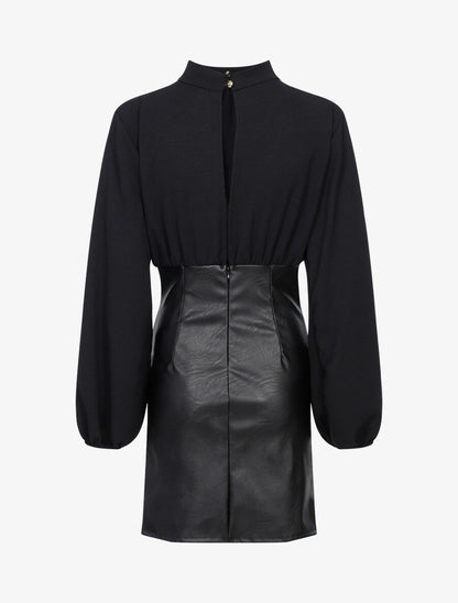 Robe en voile et bas plissé en simili - Noir - 2