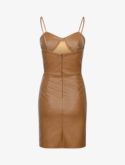 Robe en simili à buste à coutures - Camel - 2