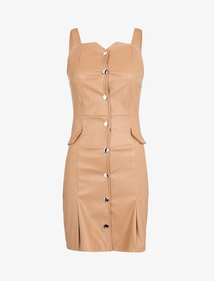 Robe chasuble en simili - Camel - 1