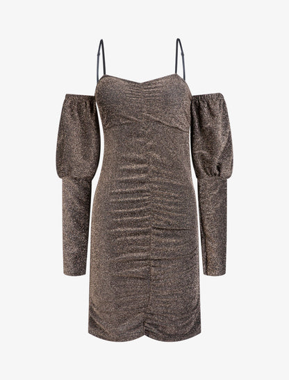 Robe pailletée à épaules nues - Or - 1