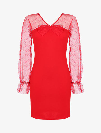 Robe à empiècement en tulle à pois - Rouge - 1
