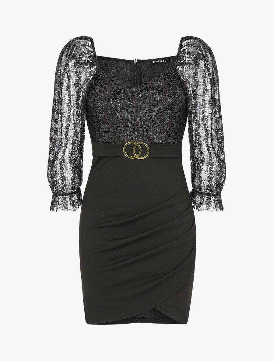 Robe en dentelle et sequins - Noir - 1