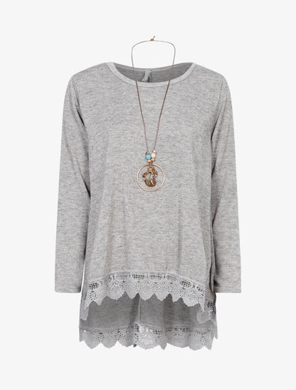 Pull oversize à bord dentelle et sautoir - Gris chiné - 1