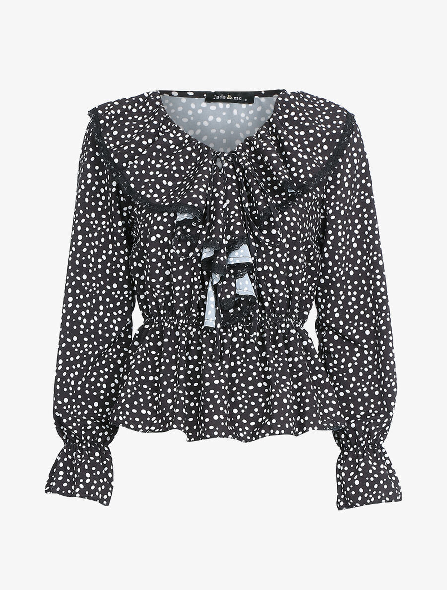 Blouse à jabot imprimé à pois - Noir - 1