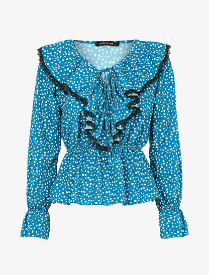 Blouse à jabot imprimé à pois - Turquoise - 1