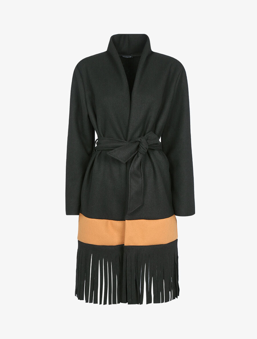Veste légère ouverte à contraste et franges - Noir - 1