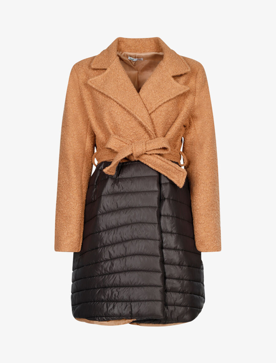 Manteau oversize en laine bouclette et doudoune - Camel/noir - 1