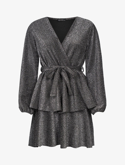 Robe pailletée à bas volanté - Argent - 1