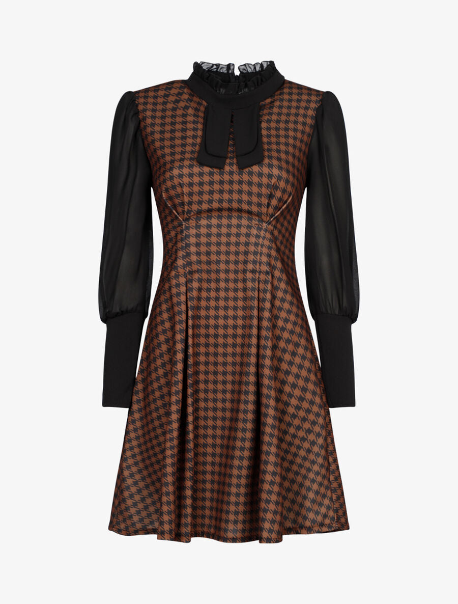 Robe imprimé pied de poule à col lavallière - Marron - 1