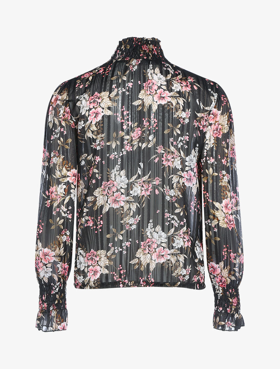 Blouse fleurie à encolure montante - Noir - 2