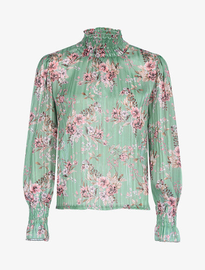 Blouse fleurie à encolure montante - Vert - 1