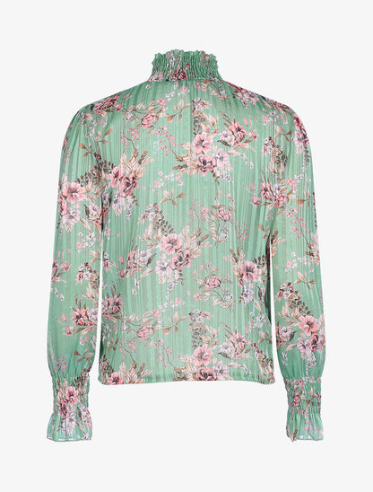 Blouse fleurie à encolure montante - Vert - 2