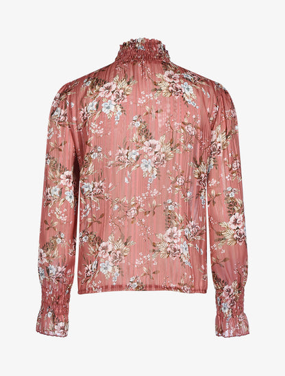 Blouse fleurie à encolure montante - Rose foncé - 2