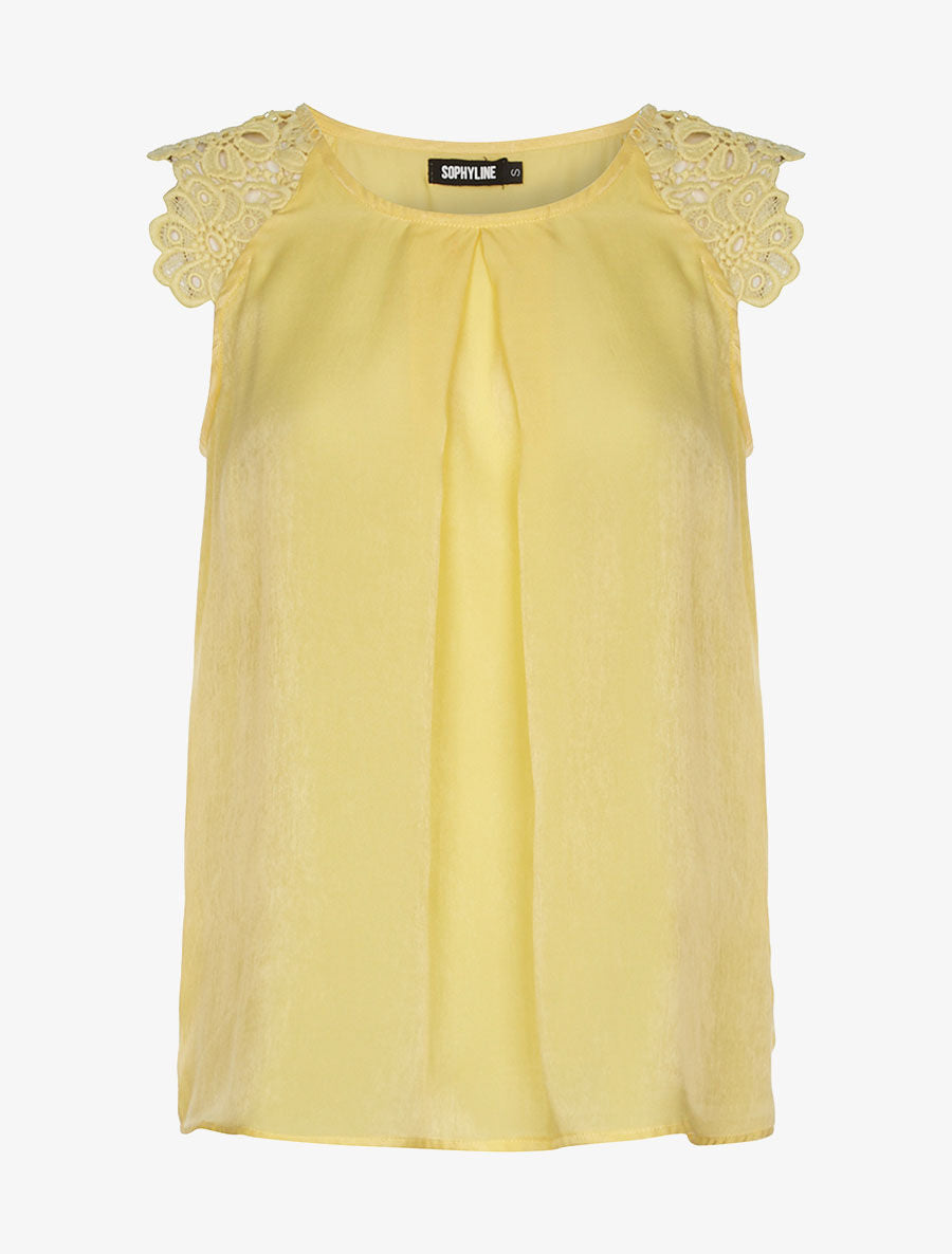 Top satiné épaules dentelle - jaune - 3