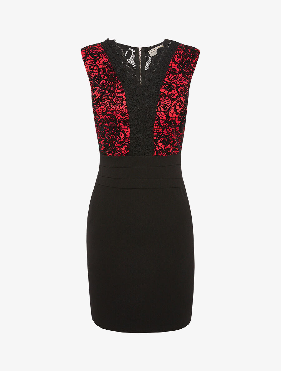 Robe buste dentelle en velours - noir/rouge - 1